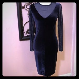 Navy blue velvet dress w sheer long sleeve dress